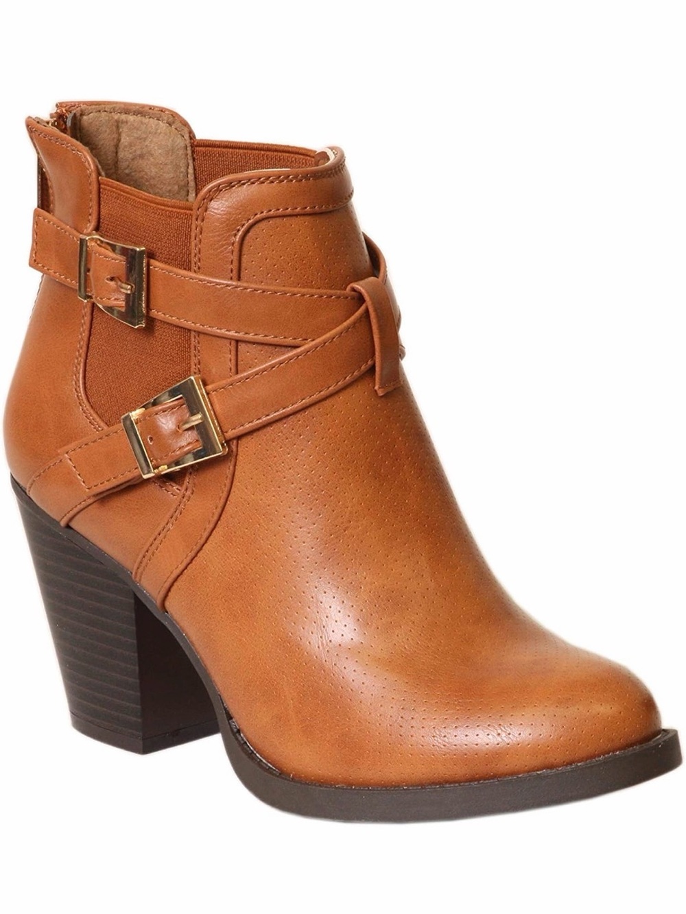 Ball-Band Women’s Tan Faux-Leather Ankle Booties with Buckle Detail